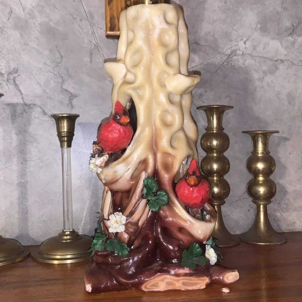 Vintage 1970s Hand Carved Wax Candle Sculpture With Cardinals Holiday Winter - Picture 3 of 17